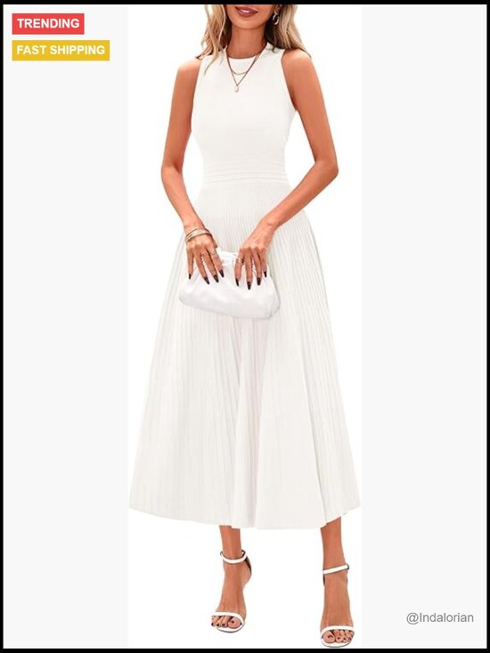 Dresses & Skirts - Sleeveless Crew Neck Swing A Line Pleated Midi Cocktail Dress